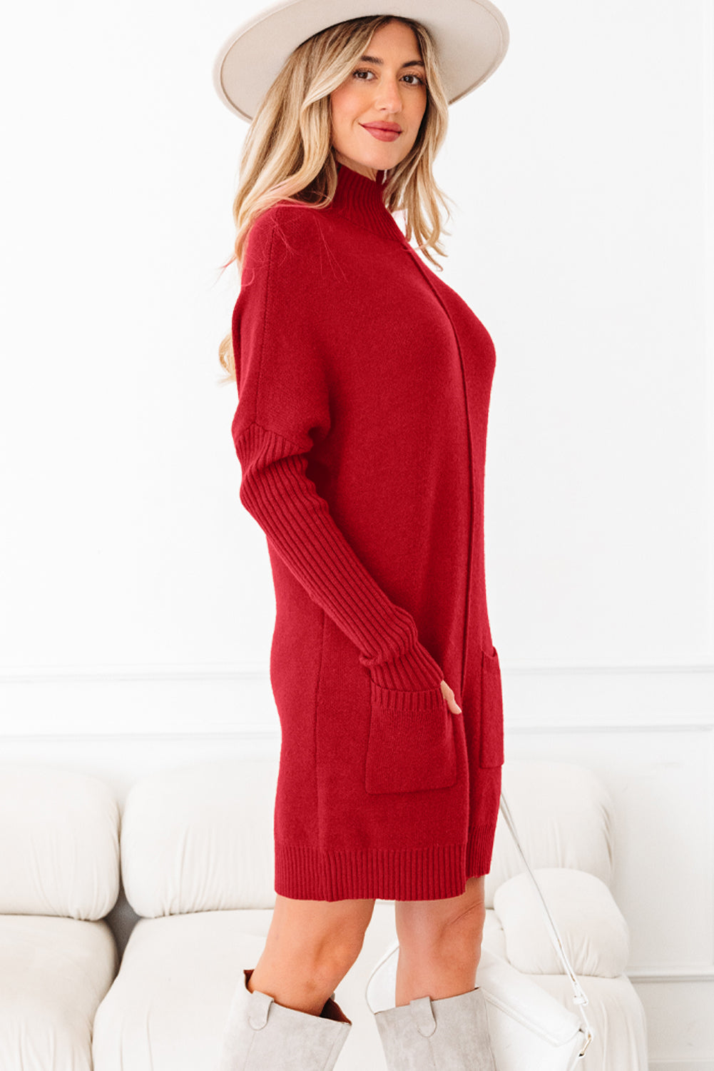 Fiery Red Ribbed High Neck Front Pockets Center Seam Shift Sweater Dress