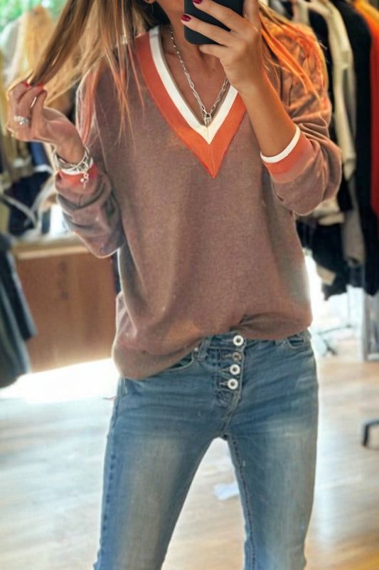 Dark Khaki Contrast Striped Trim V Neck Varsity Sweater