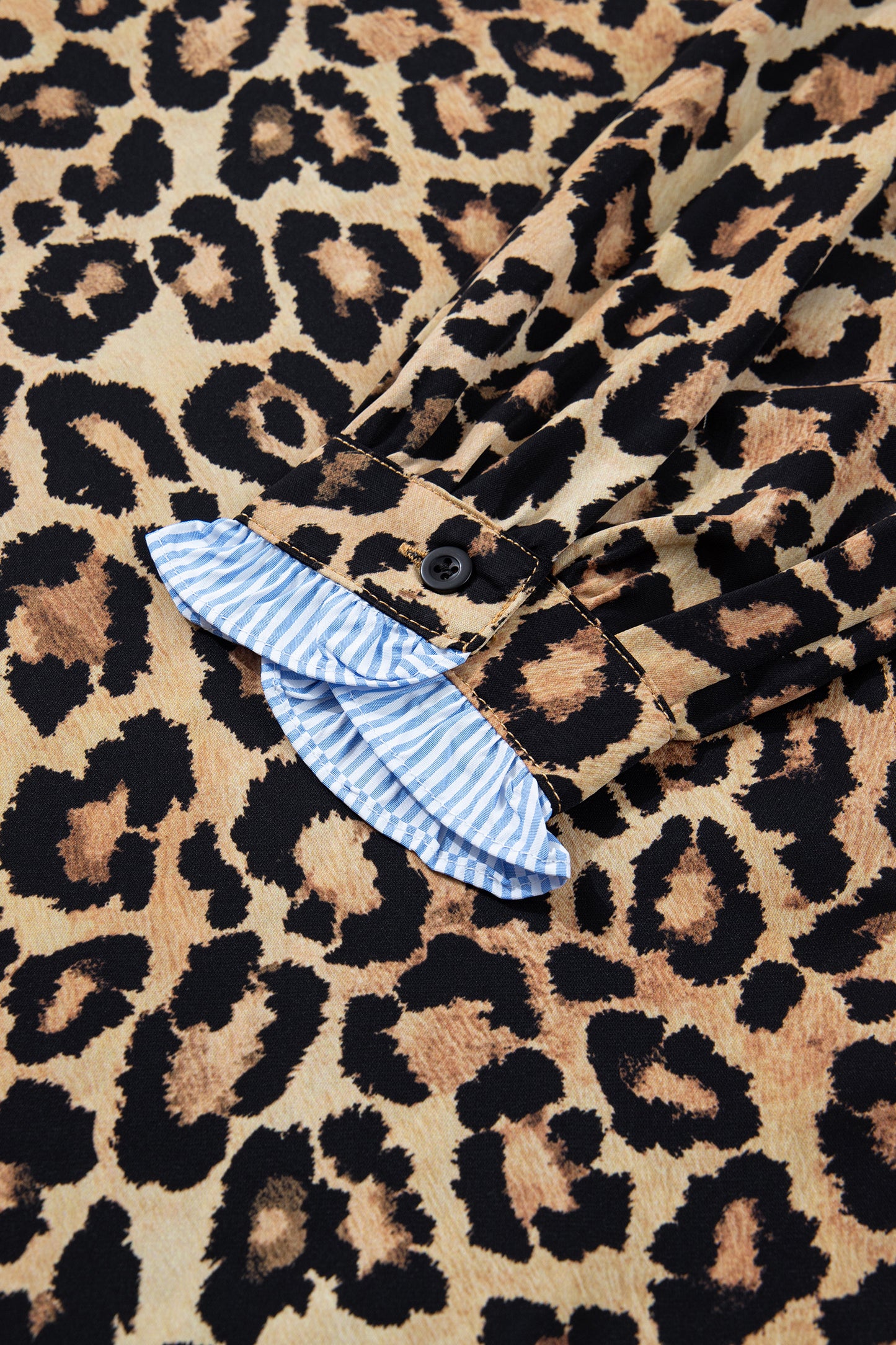 Brown Wild Leopard Print Contrast Striped Frilled Trim Chic Shirt