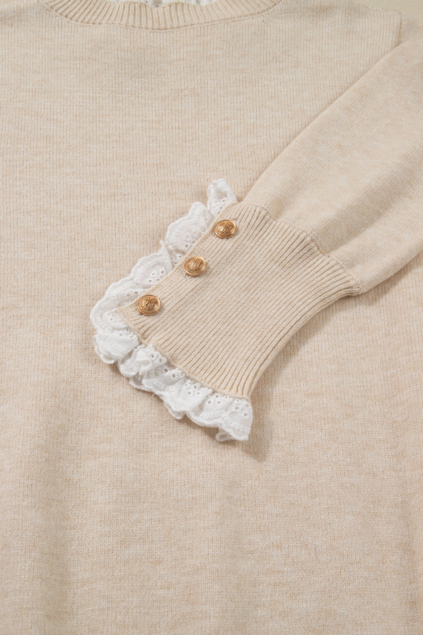 Jet Stream Lace Trim Patchwork Buttoned Cuffs Loose Sweater